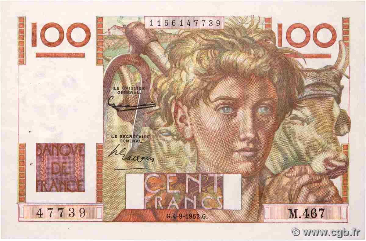 100 Francs JEUNE PAYSAN FRANCE 1952 F.28.33 AU-