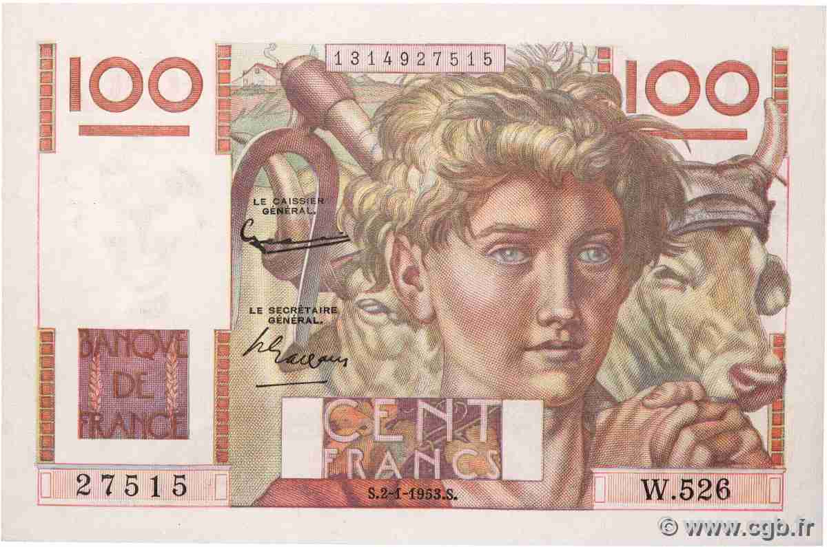 100 Francs JEUNE PAYSAN FRANCE 1953 F.28.35 AU+