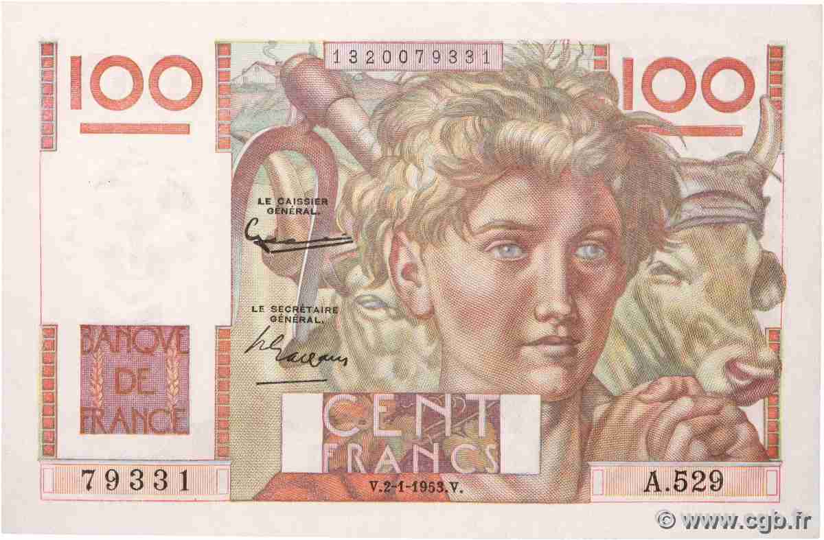 100 Francs JEUNE PAYSAN FRANCE 1953 F.28.35 AU+