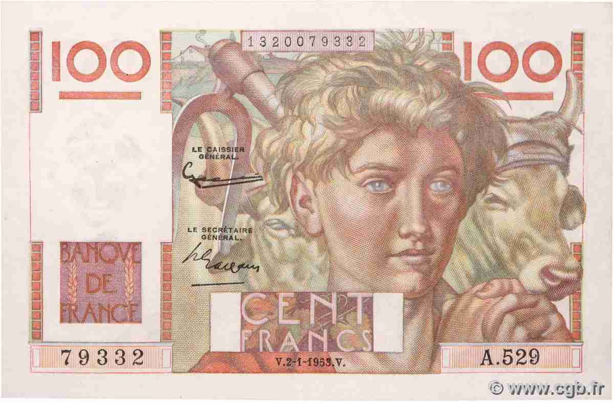 100 Francs JEUNE PAYSAN FRANCE 1953 F.28.35 AU+