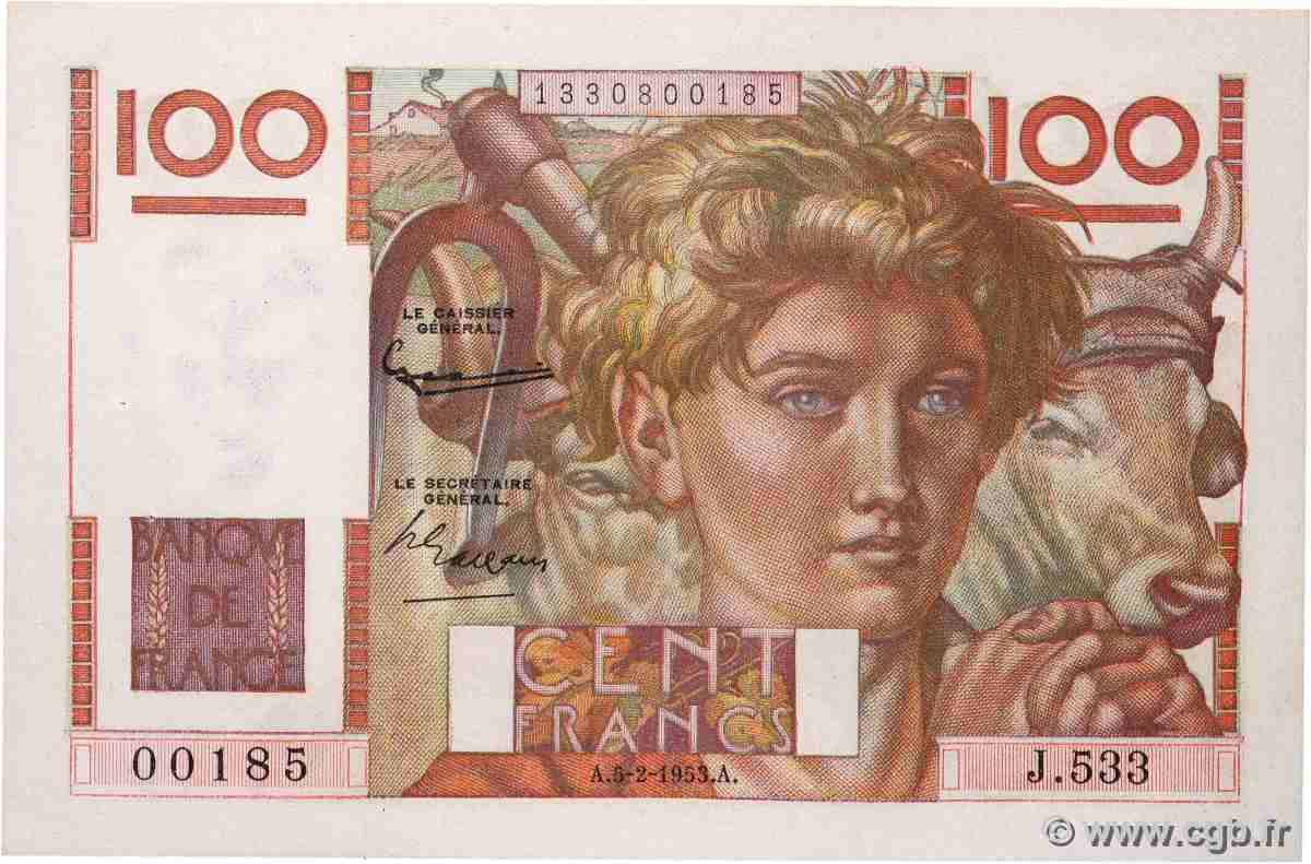 100 Francs JEUNE PAYSAN FRANCE 1953 F.28.36 XF+
