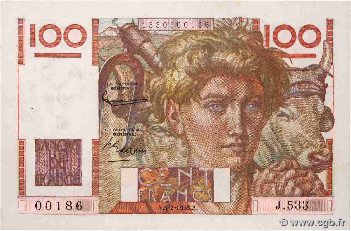 100 Francs JEUNE PAYSAN FRANCE 1953 F.28.36 XF+