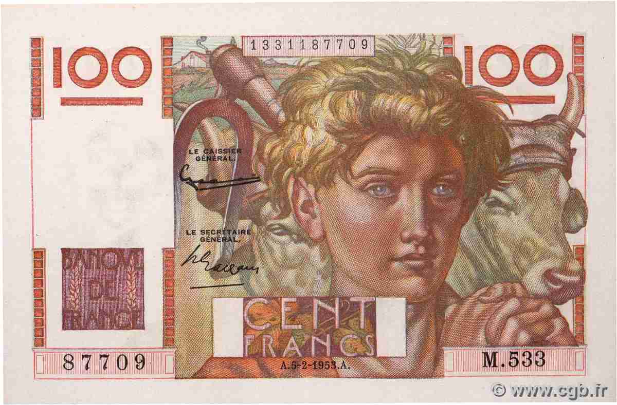 100 Francs JEUNE PAYSAN FRANCE 1953 F.28.36 XF+