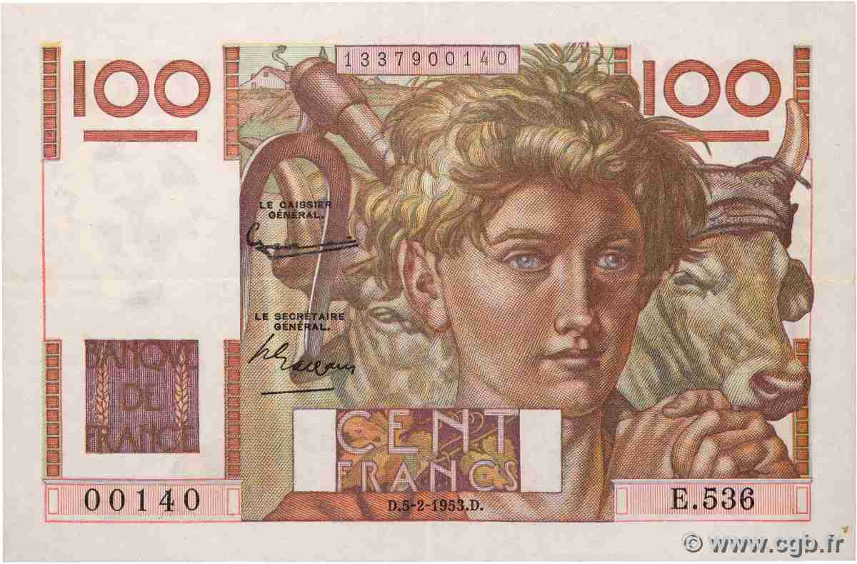100 Francs JEUNE PAYSAN FRANKREICH 1953 F.28.36 VZ