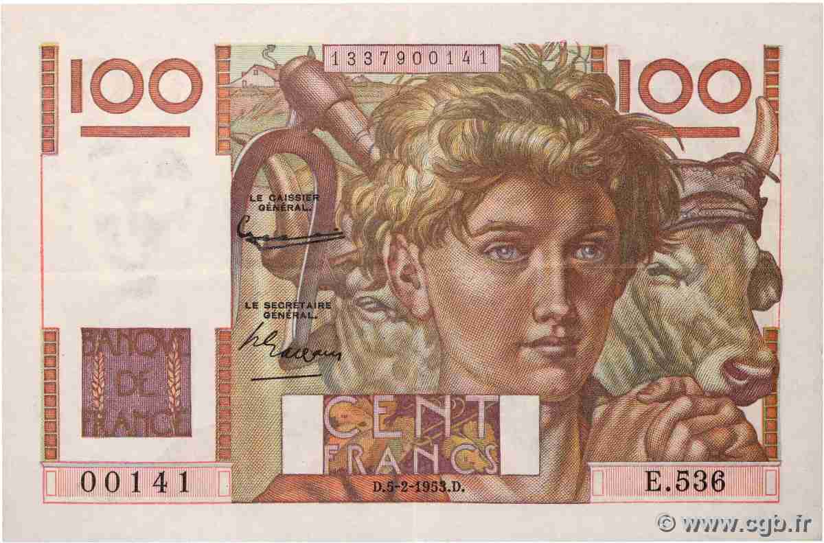100 Francs JEUNE PAYSAN FRANCE 1953 F.28.36 XF