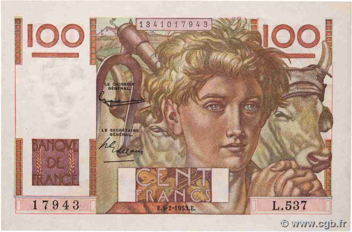 100 Francs JEUNE PAYSAN FRANCE 1953 F.28.36 SUP+