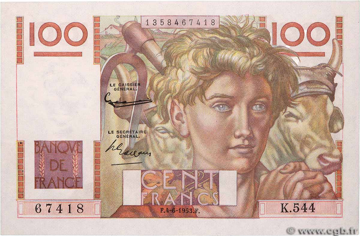 100 Francs JEUNE PAYSAN FRANCE 1953 F.28.37 XF