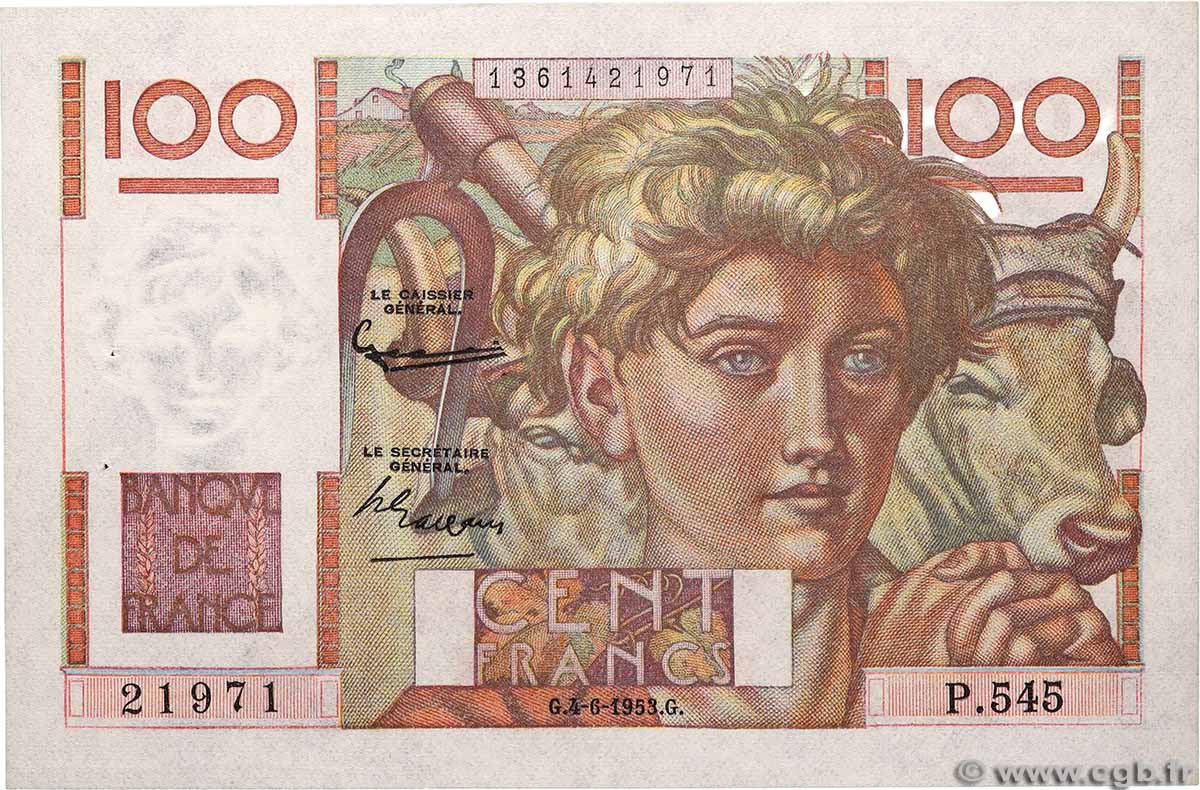 100 Francs JEUNE PAYSAN FRANCE 1953 F.28.37 XF+
