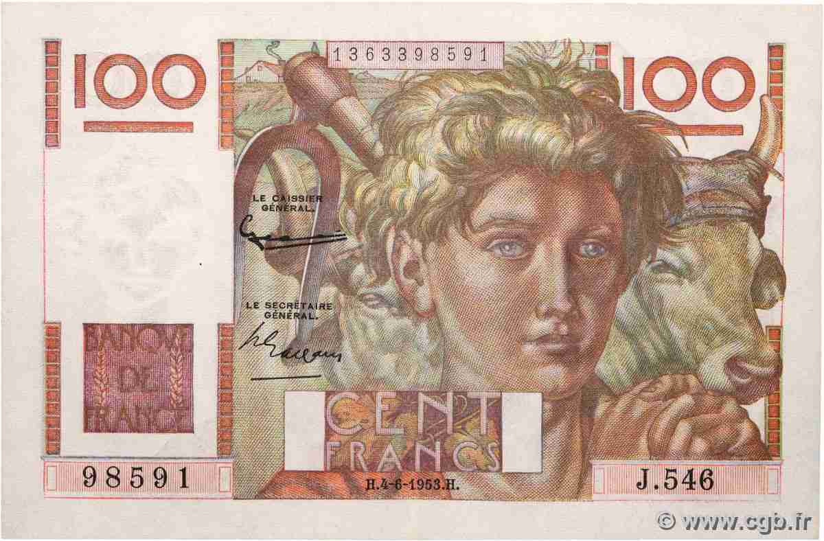 100 Francs JEUNE PAYSAN FRANCE 1953 F.28.37 XF+