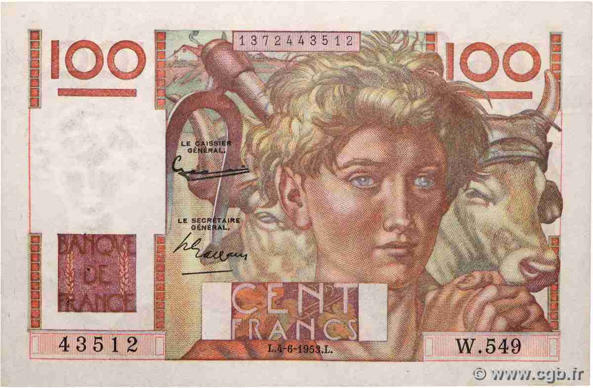 100 Francs JEUNE PAYSAN FRANCE 1953 F.28.37 XF+