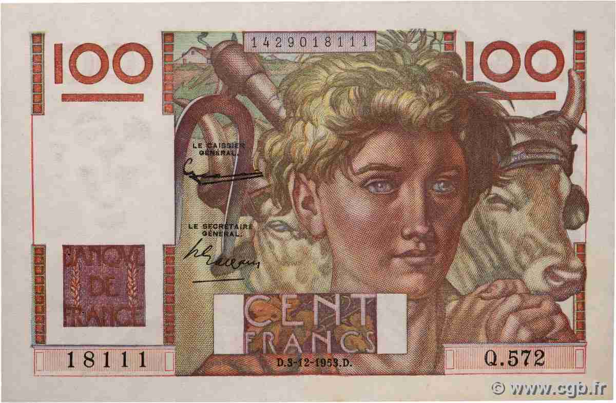 100 Francs JEUNE PAYSAN Numéro spécial FRANCE 1953 F.28.40 AU