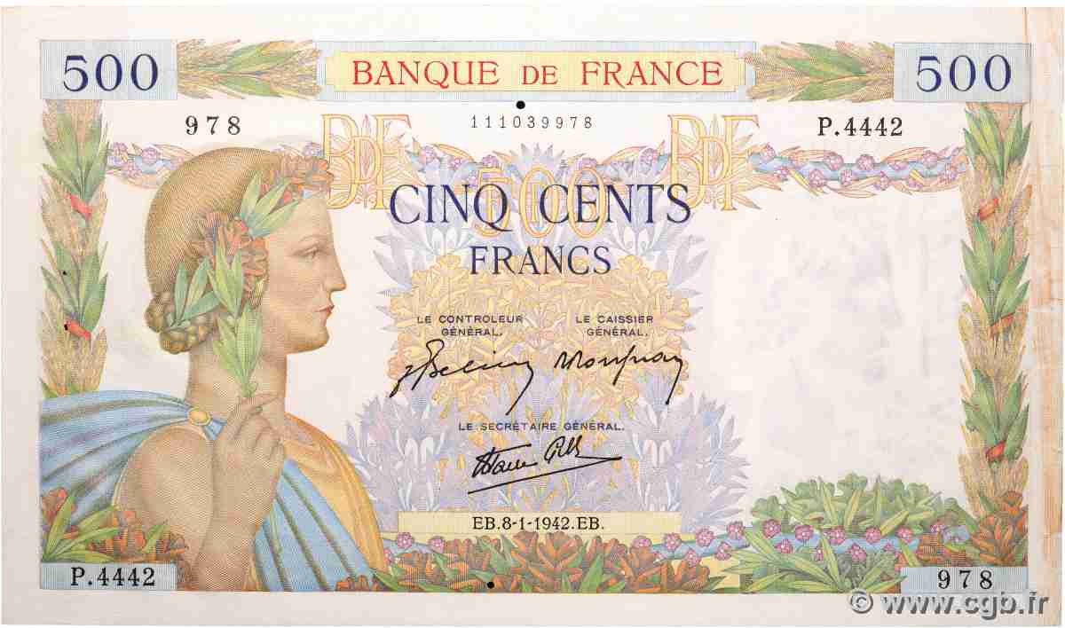 500 Francs LA PAIX FRANCE 1942 F.32.27 pr.SUP