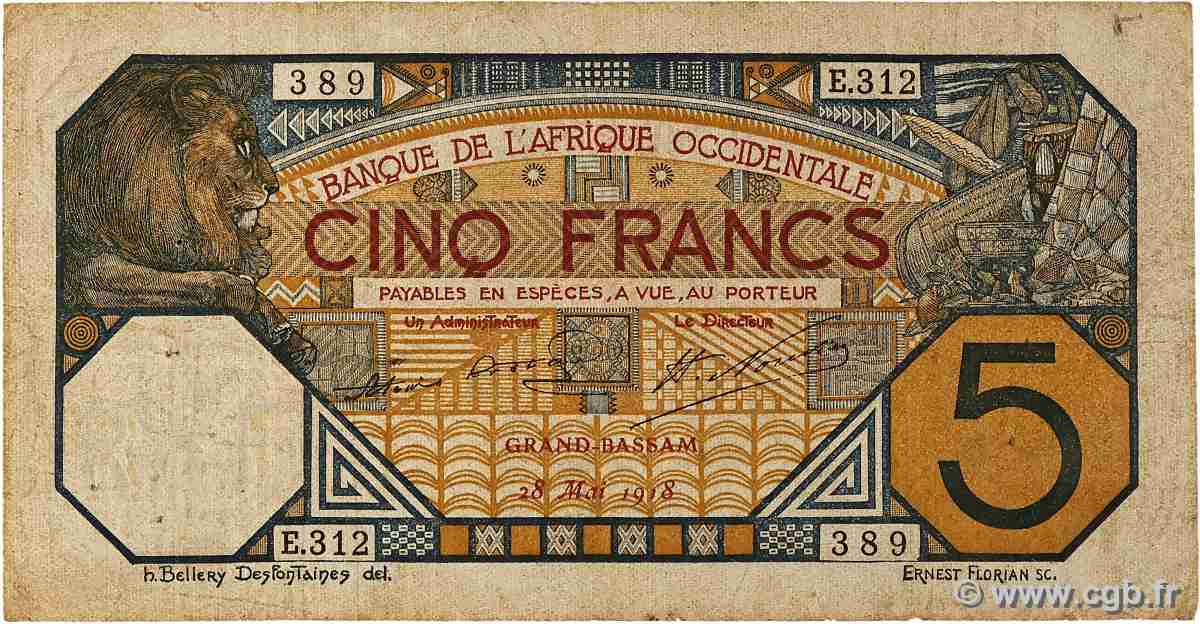 5 Francs GRAND-BASSAM FRENCH WEST AFRICA Grand-Bassam 1918 P.05Db F