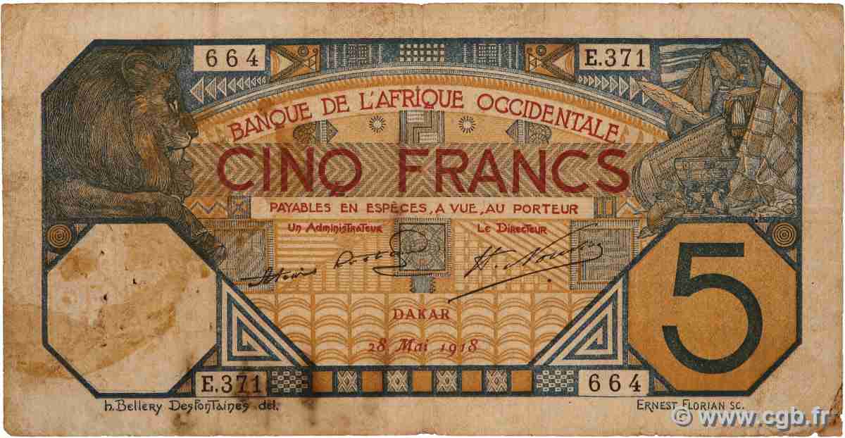 5 Francs DAKAR FRENCH WEST AFRICA Dakar 1918 P.05Ba G