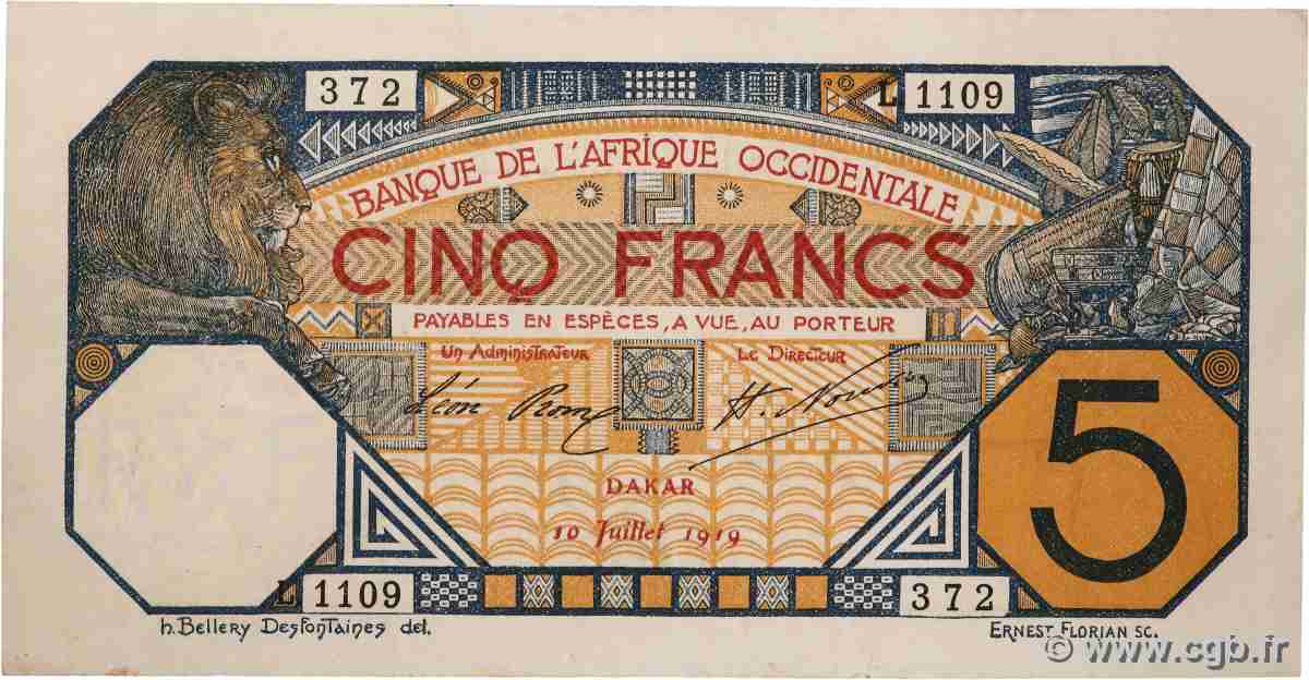 5 Francs DAKAR FRENCH WEST AFRICA Dakar 1919 P.05Ba VF+