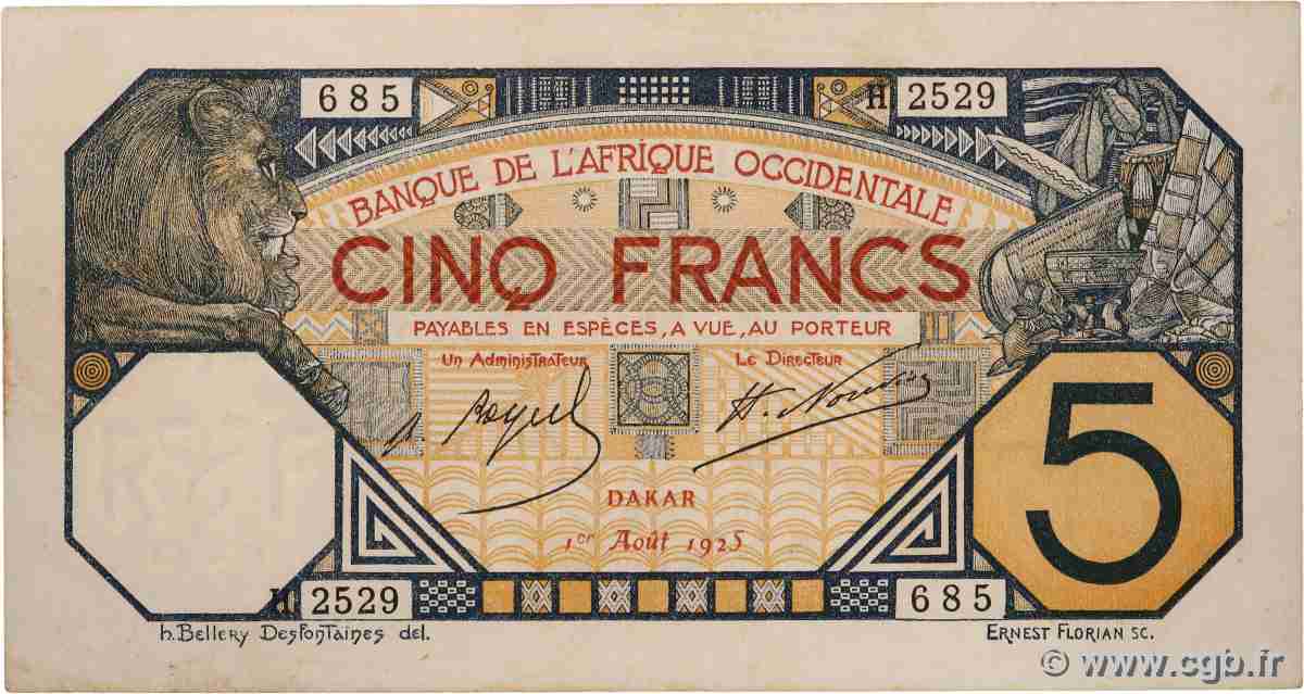 5 Francs DAKAR FRENCH WEST AFRICA Dakar 1925 P.05Bc XF