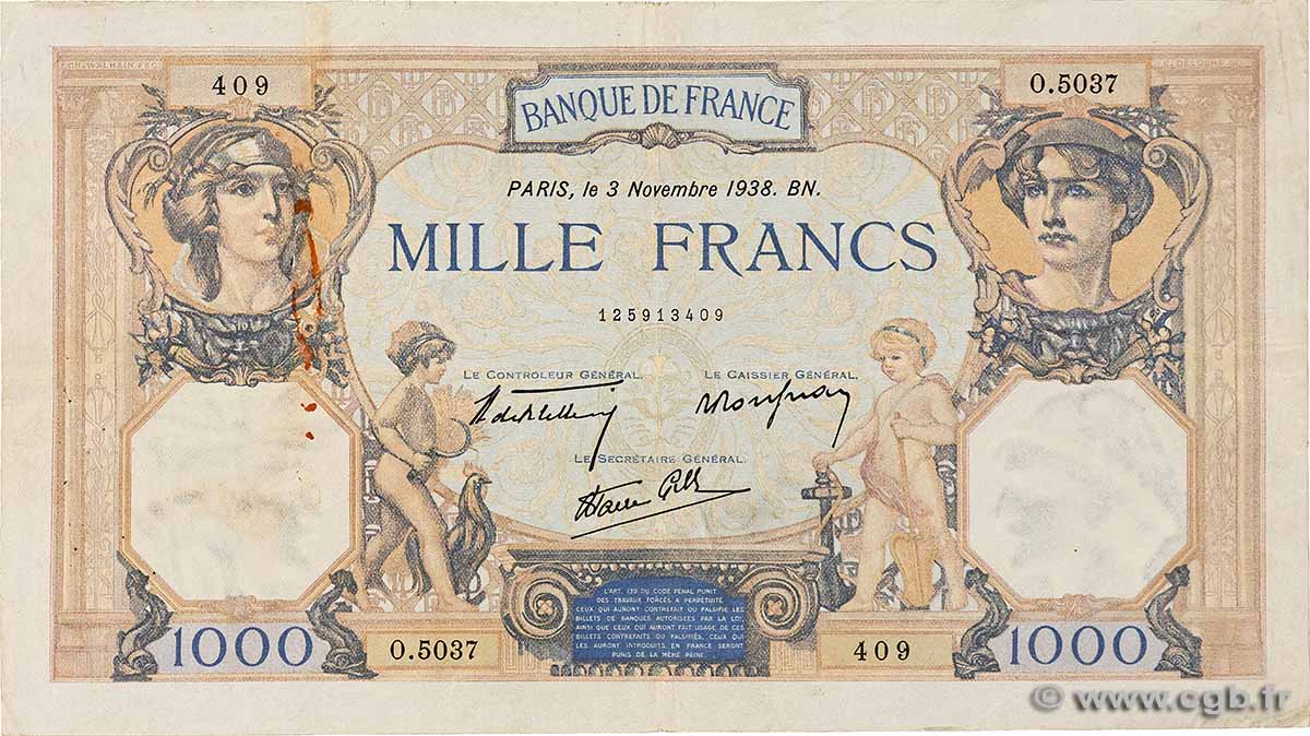 1000 Francs CÉRÈS ET MERCURE type modifié FRANKREICH 1938 F.38.32 S