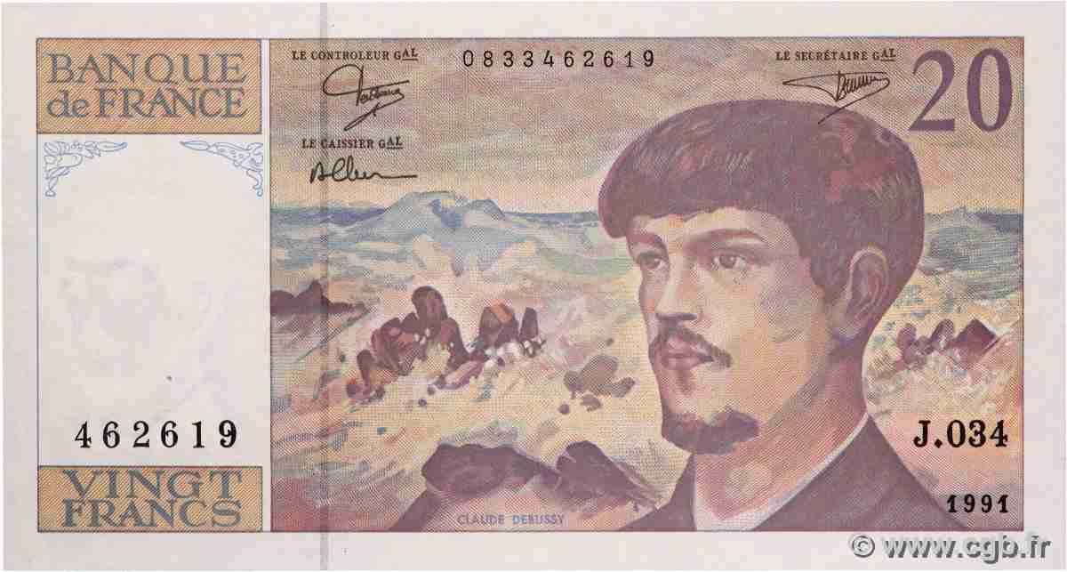 20 Francs DEBUSSY à fil de sécurité FRANCE 1991 F.66bis.02 SUP