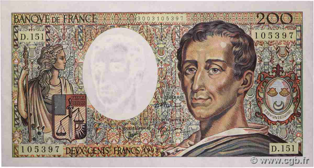 200 Francs MONTESQUIEU FRANCE 1992 F.70.12c SPL+