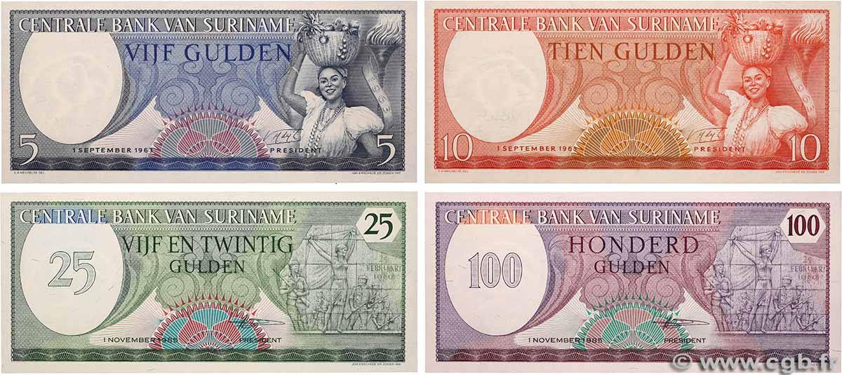 5, 10, 25 et 100 Gulden Lot SURINAM 1963 P.120a, P.121b, P.122 et P.123 pr.NEUF