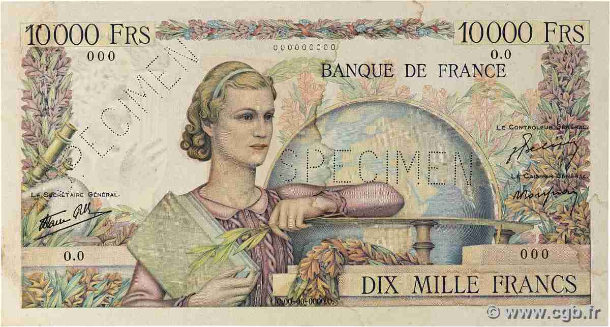 10000 Francs GÉNIE FRANÇAIS Spécimen FRANCE 1945 F.50.01Sp VF+
