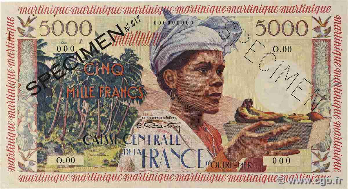 5000 Francs antillaise Spécimen MARTINIQUE 1960 P.36s SUP