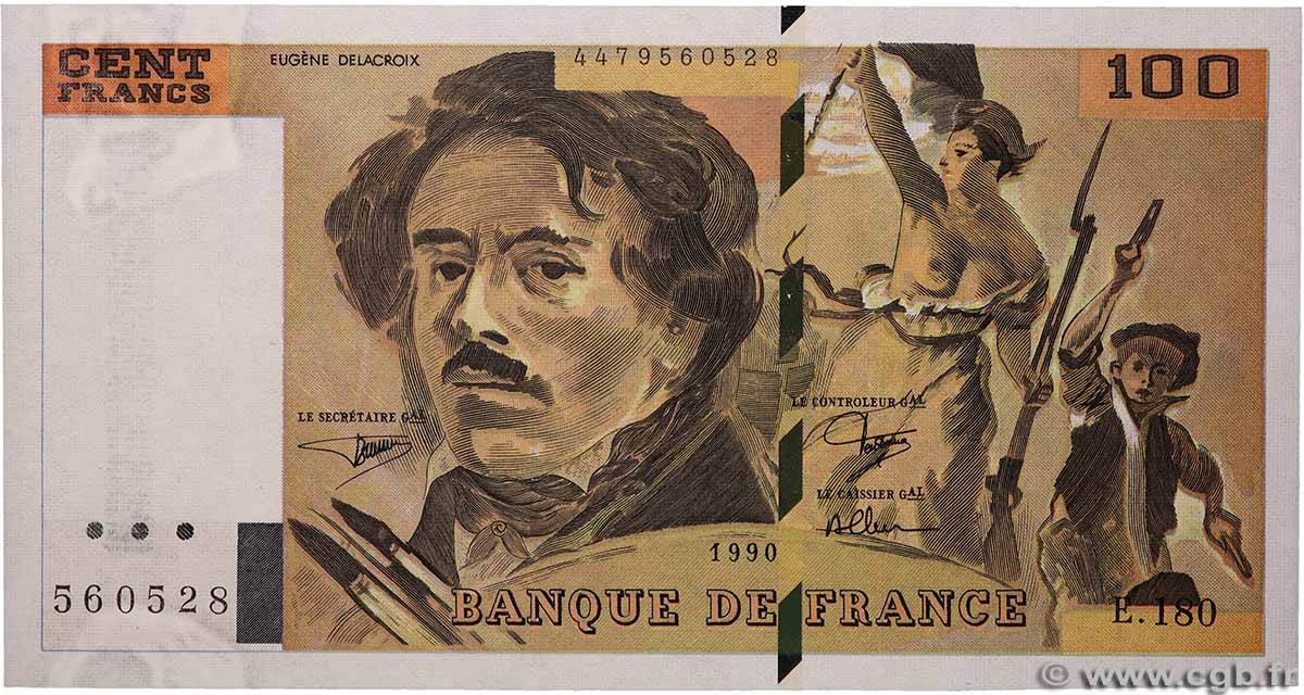 100 Francs DELACROIX imprimé en continu Fauté FRANKREICH 1990 F.69bis.02d ST