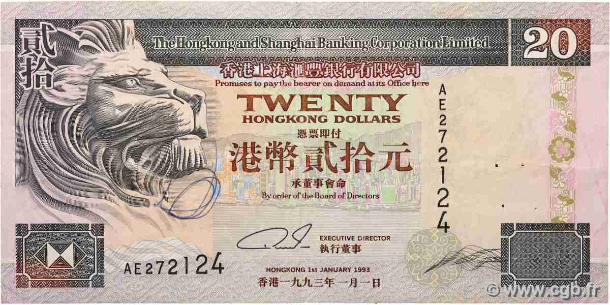 20 Dollars HONG-KONG 1993 P.201a BC+