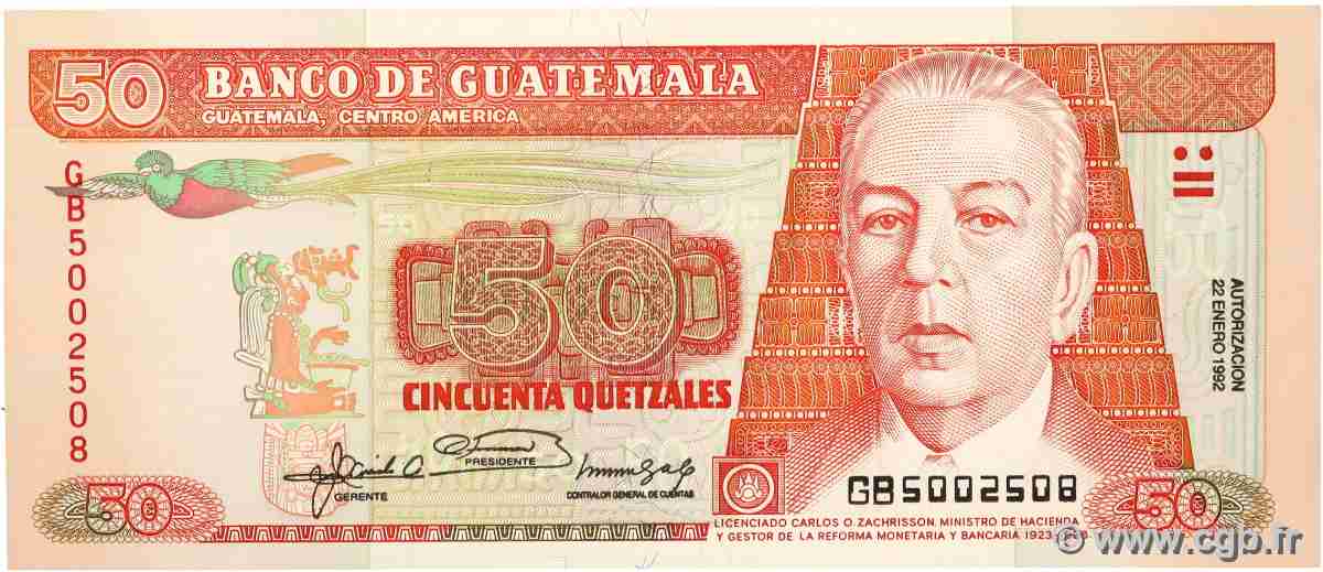 50 Quetzales GUATEMALA 1992 P.077c pr.NEUF