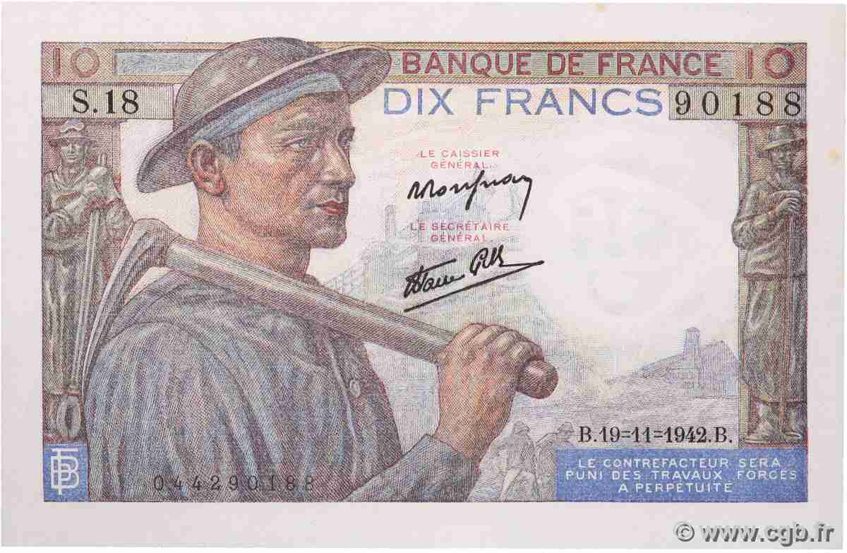 10 Francs MINEUR FRANCE 1942 F.08.05 NEUF