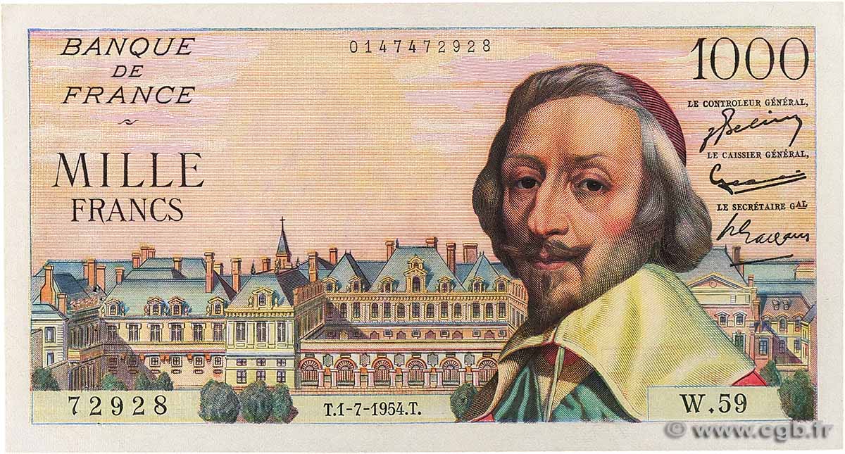 1000 Francs RICHELIEU FRANCE 1954 F.42.06 XF-