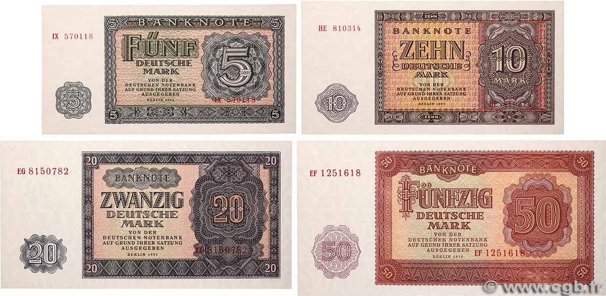 5 au 50 Deutsche Mark Lot GERMAN DEMOCRATIC REPUBLIC 1955 P.17a au P.20a UNC