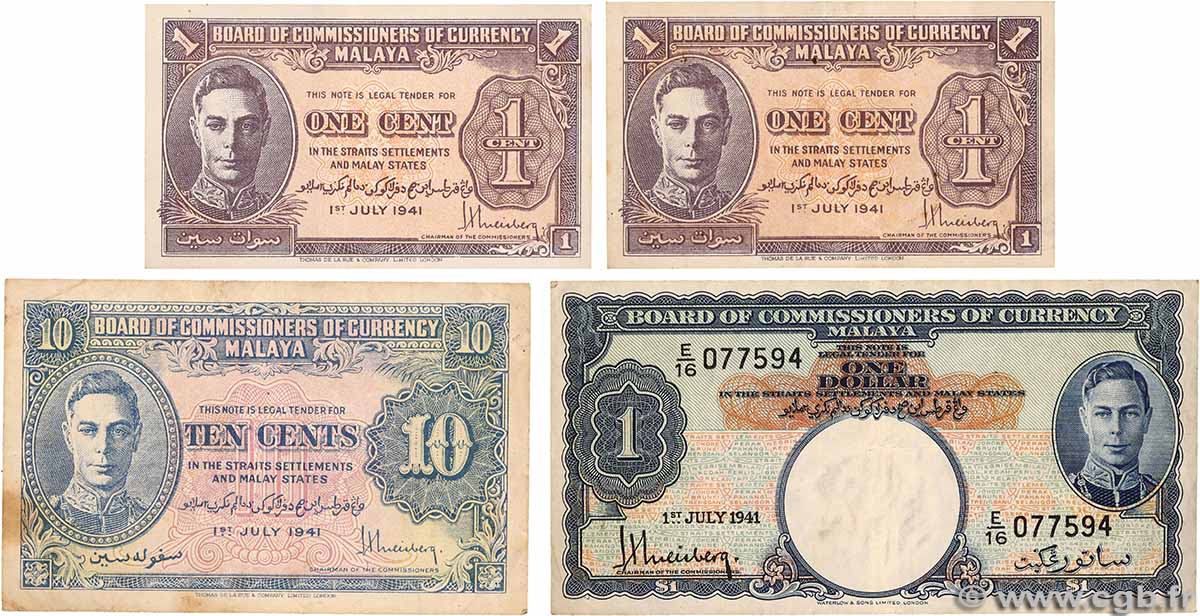 1 et 10 Cents, 1 Dollar Lot MALAYA 1941 P.06, P.08 et P.11 S to SS