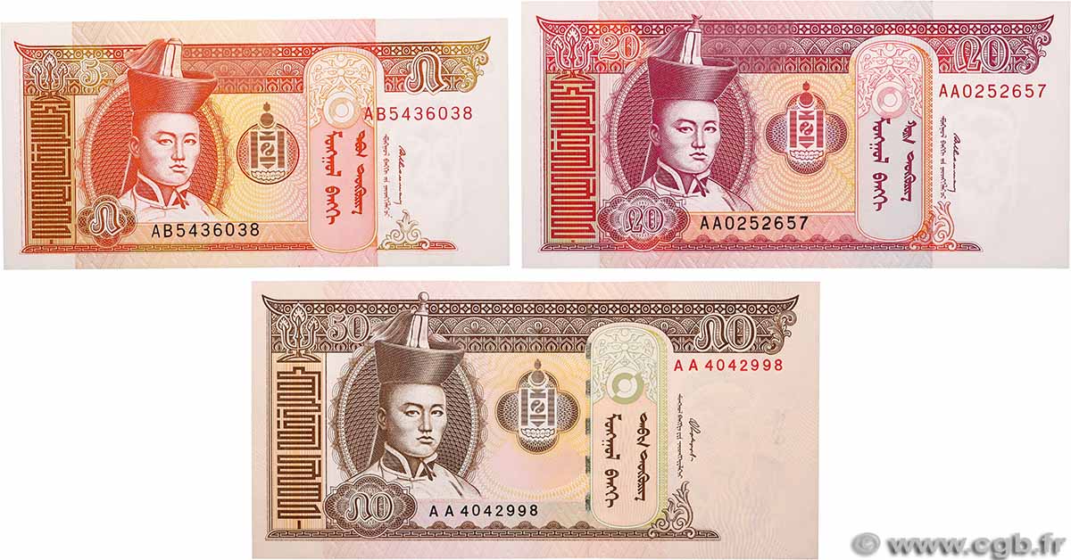 5, 20 et 50 Tugrik Lot MONGOLIE 1993 P.53, P.55 et P.56 NEUF