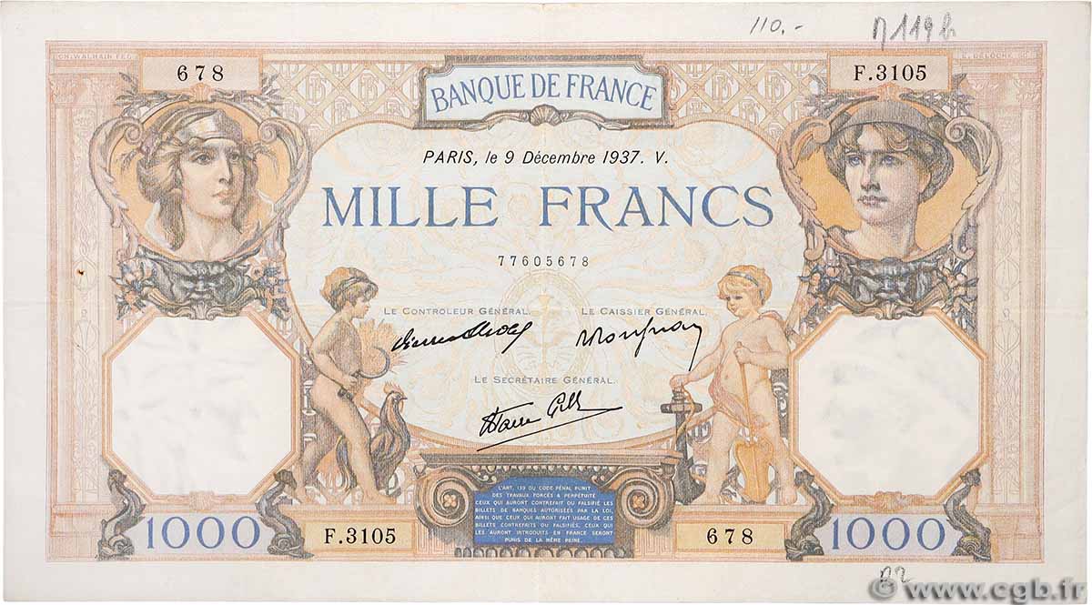 1000 Francs CÉRÈS ET MERCURE type modifié FRANCE 1937 F.38.06 TTB