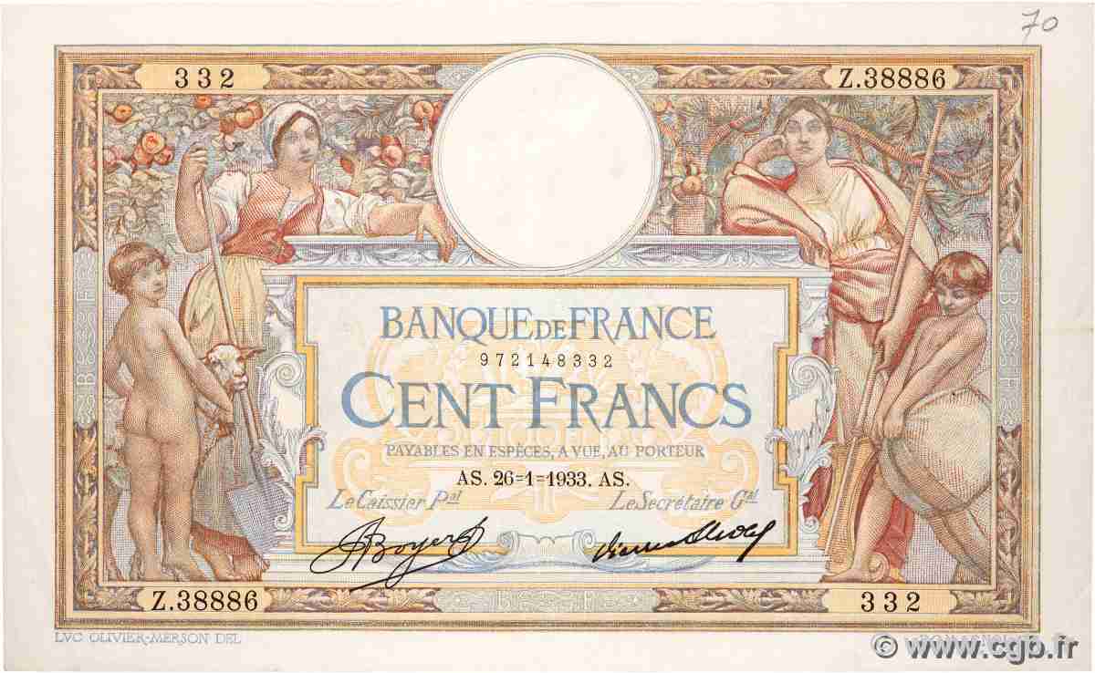 100 Francs LUC OLIVIER MERSON grands cartouches FRANCE 1933 F.24.12 TTB+