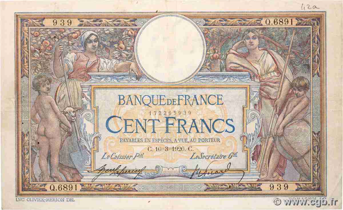 100 Francs LUC OLIVIER MERSON sans LOM FRANCE 1920 F.23.12 F+