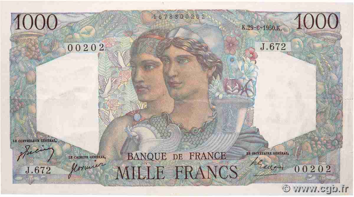 1000 Francs MINERVE ET HERCULE Numéro spécial FRANCE 1950 F.41.33 TTB