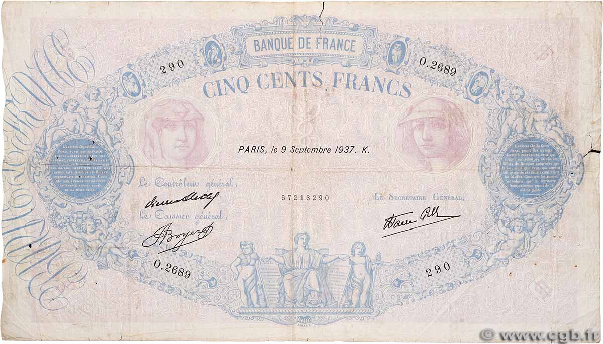 500 Francs BLEU ET ROSE modifié FRANCE 1937 F.31.03 pr.B