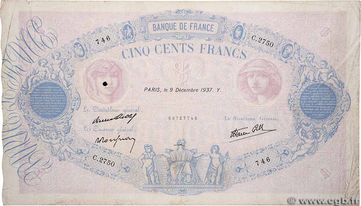 500 Francs BLEU ET ROSE modifié FRANCE 1937 F.31.05 B