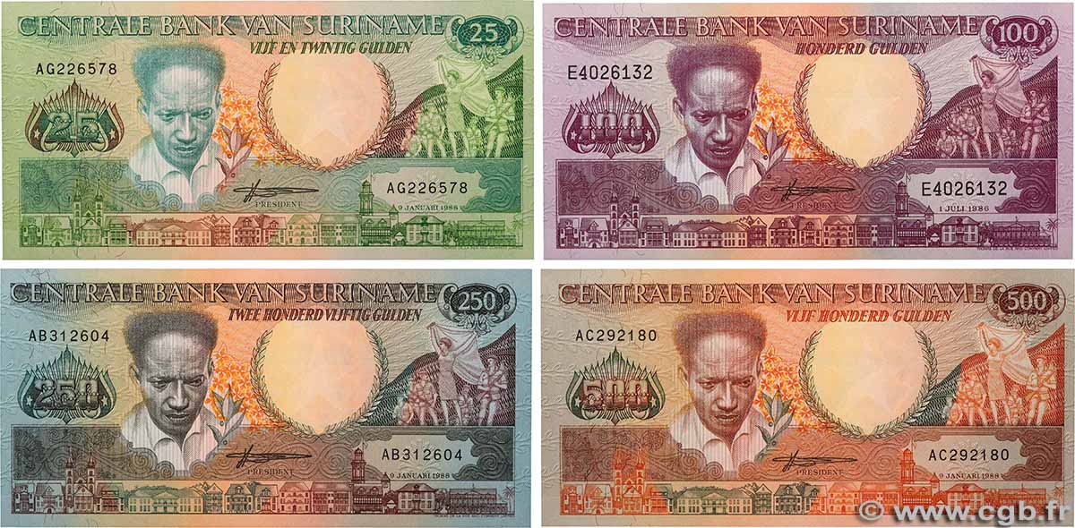 500 Gulden Lot SURINAME 1986 P.132b, P.133b, P.134 et P.135b FDC