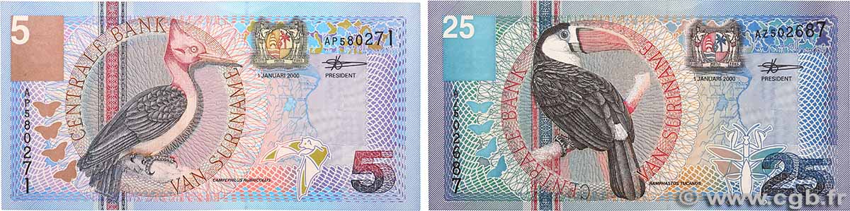 5 et 25 Gulden Lot SURINAM 2000 P.146 et P.148 NEUF