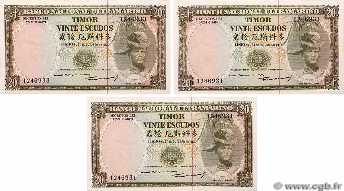 20 Escudos Consécutifs TIMOR 1967 P.26a NEUF