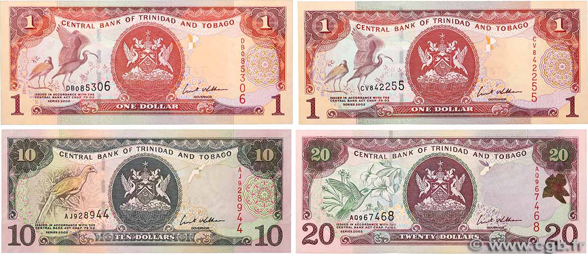 1, 10 et 20 dollars Lot TRINIDAD et TOBAGO 2002 P.41, P.43 et 44b NEUF