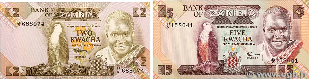 2 et 5 Kwacha Lot ZAMBIE 1980 P.24c et P.25d NEUF