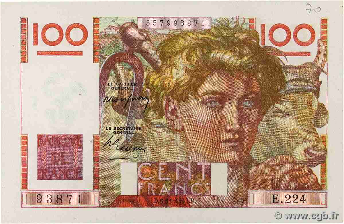 100 Francs JEUNE PAYSAN FRANKREICH 1947 F.28.16 fST+