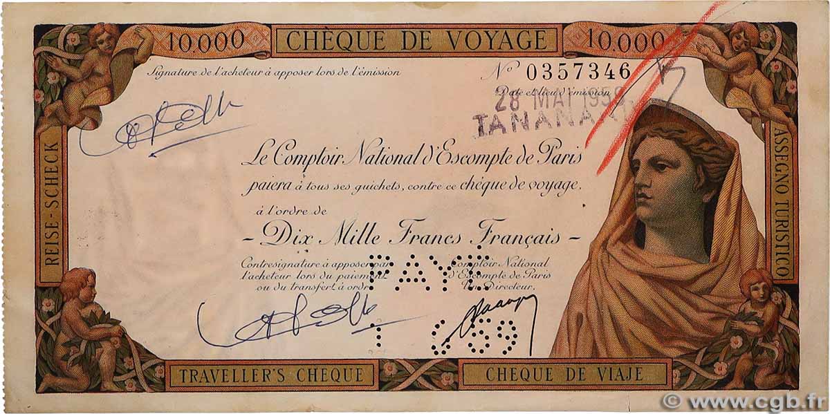 10000 Francs MADAGASCAR Tananarive 1959 DOC.Chèque TTB+