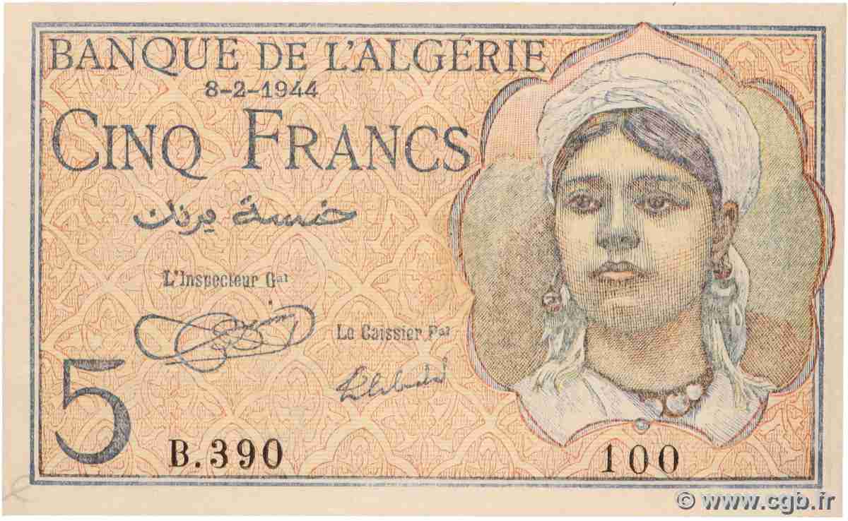 5 Francs ALGERIA 1944 P.094a AU+