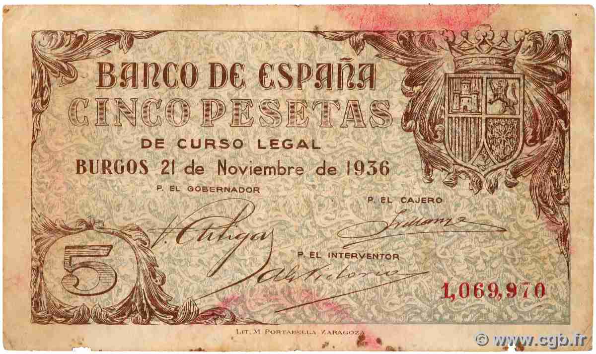 5 Pesetas ESPAGNE 1936 P.097 pr.TB