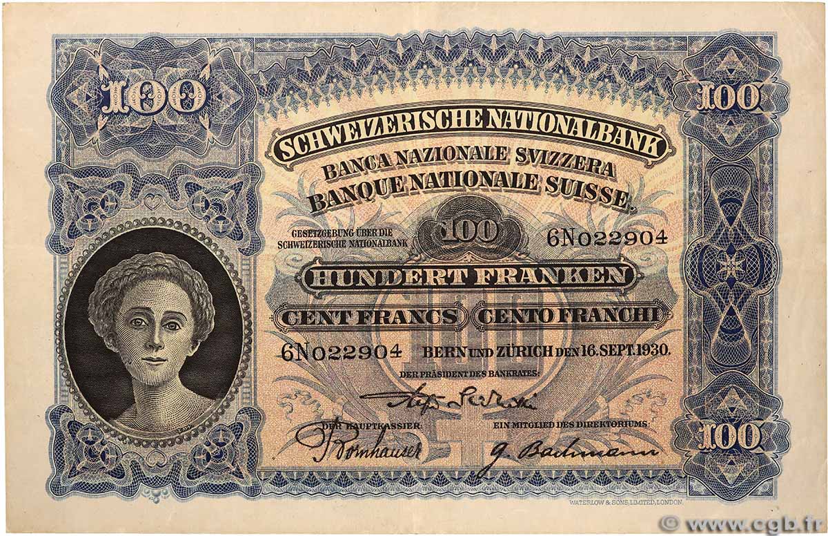 100 Francs SUISSE 1930 P.35f TTB